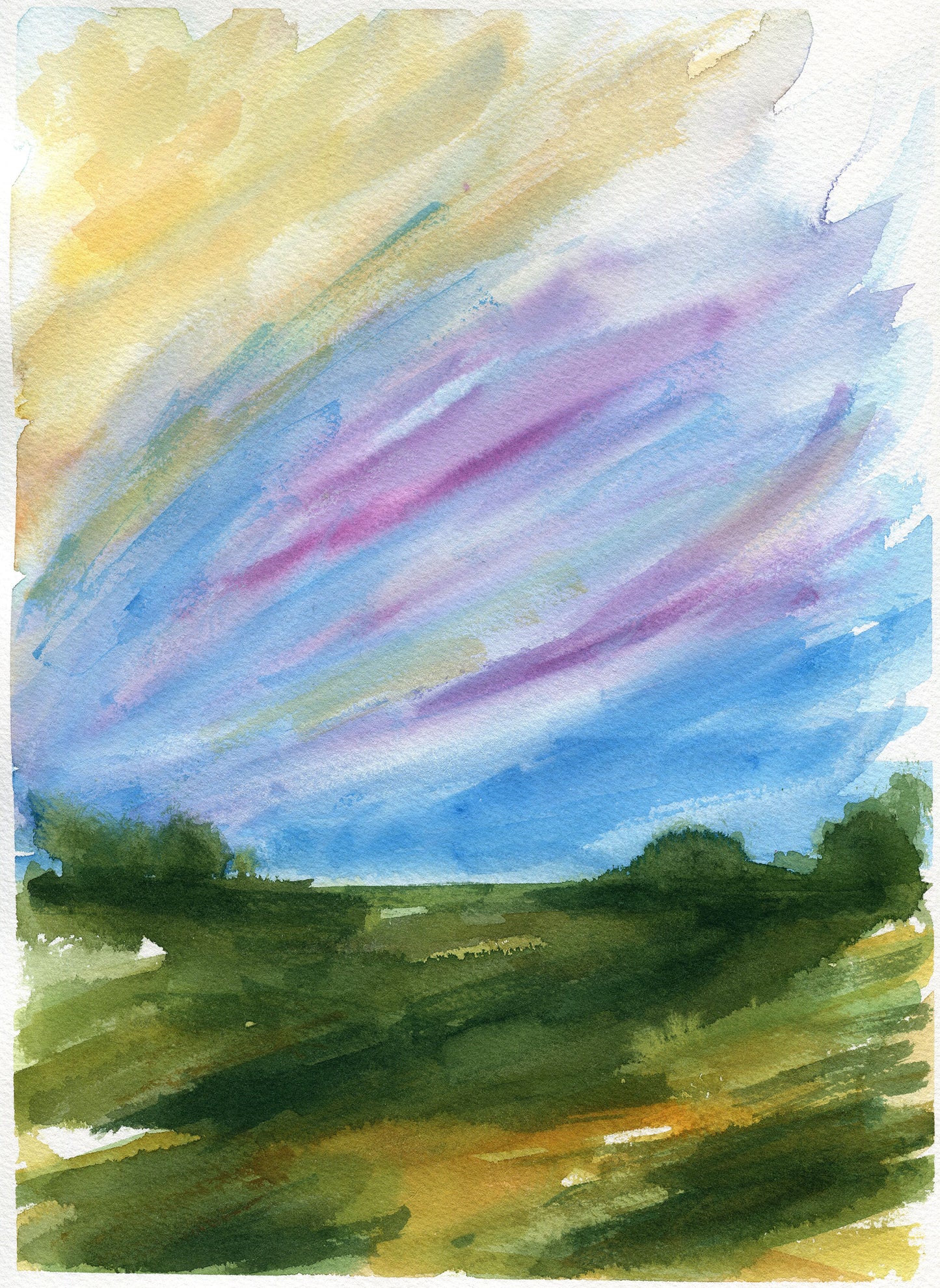 Watercolor landscape painting featuring a green field under a dramatic sky with sweeping blue, purple, yellow, and white brushstrokes.