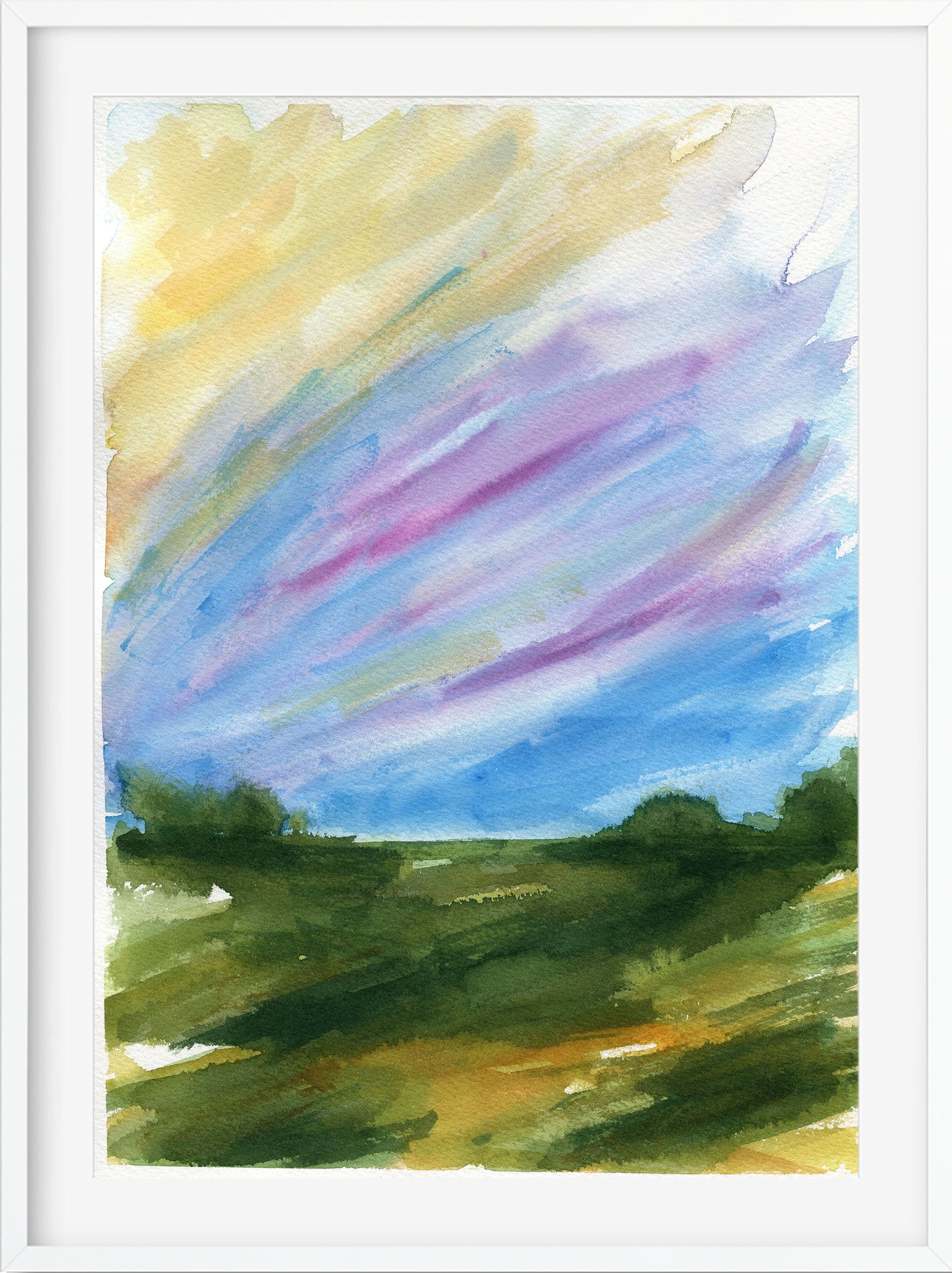 A framed watercolor landscape painting featuring a vibrant sky with sweeping strokes of blue, purple, yellow, and white, above dark green and olive fields.