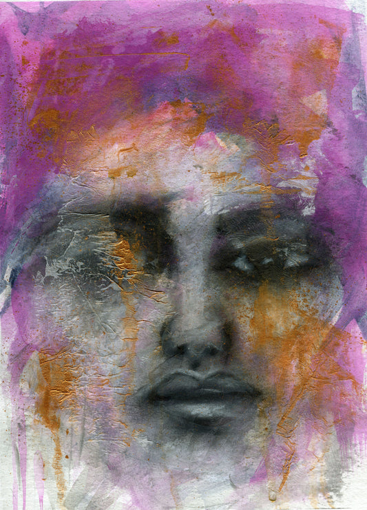 Original expressive female face painting on paper, powerful woman portrait, hand painted abstract mixed media original art 9x12