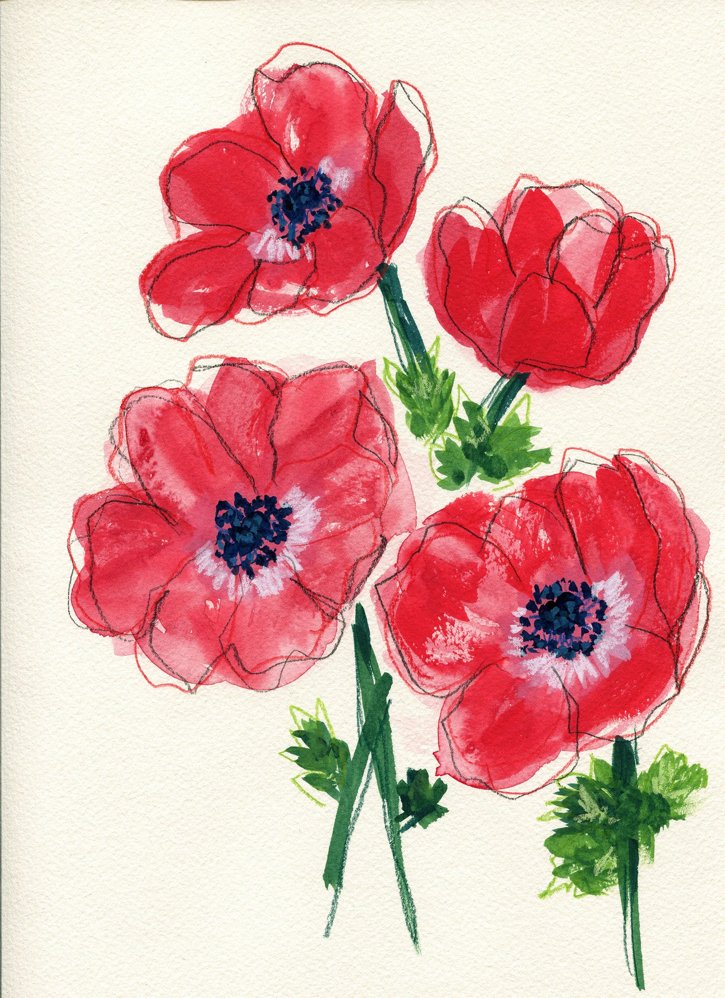 Artistic illustration of red flowers with green stems on a light background