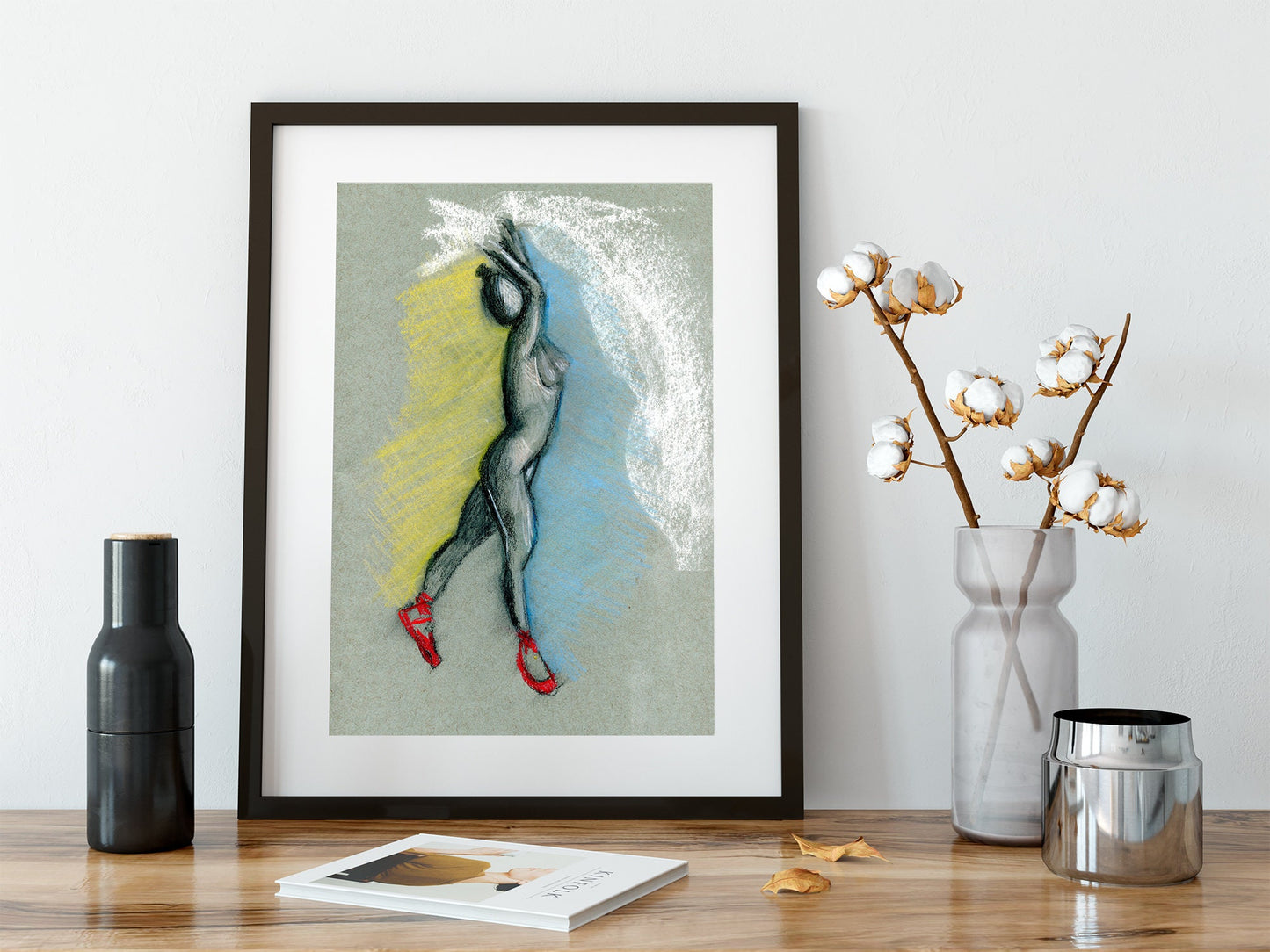 Expressive female form original soft pastel drawing 9x12, red slipper ballet dancer, sensual sultry female backside - Carved Effects