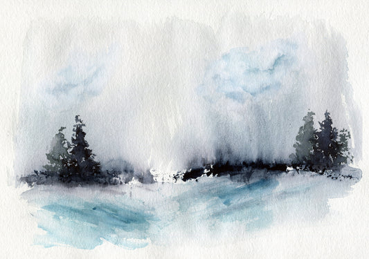 Cloudy winter day watercolor landscape hand painted painting 12x9, snowy landscape original watercolor wall art