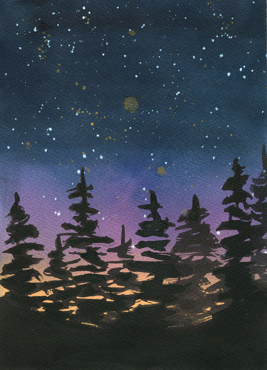 Silhouettes of trees against a starry night sky with a purple hue.