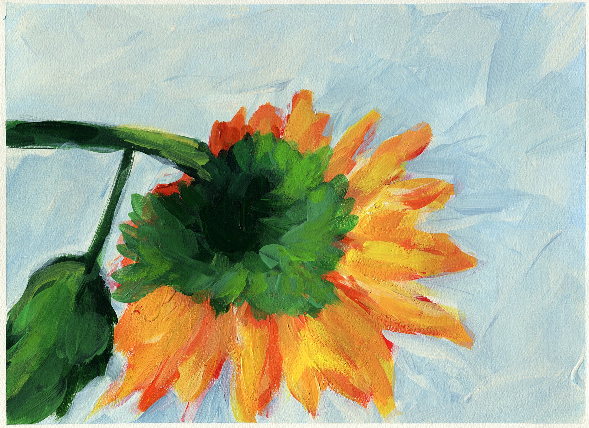 Painting of a sunflower with a light blue background