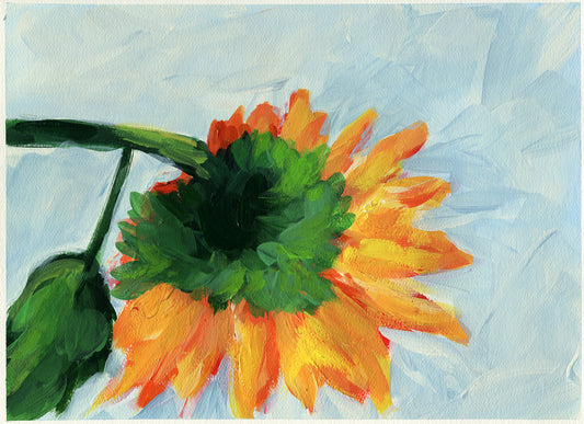 Painting of a sunflower with a light blue background