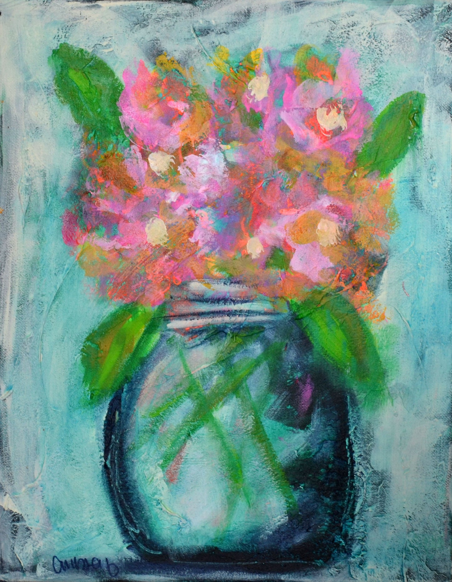 An expressive painting of a bouquet of pink and orange flowers with green leaves in a dark glass jar, set against a textured light blue and gray background.