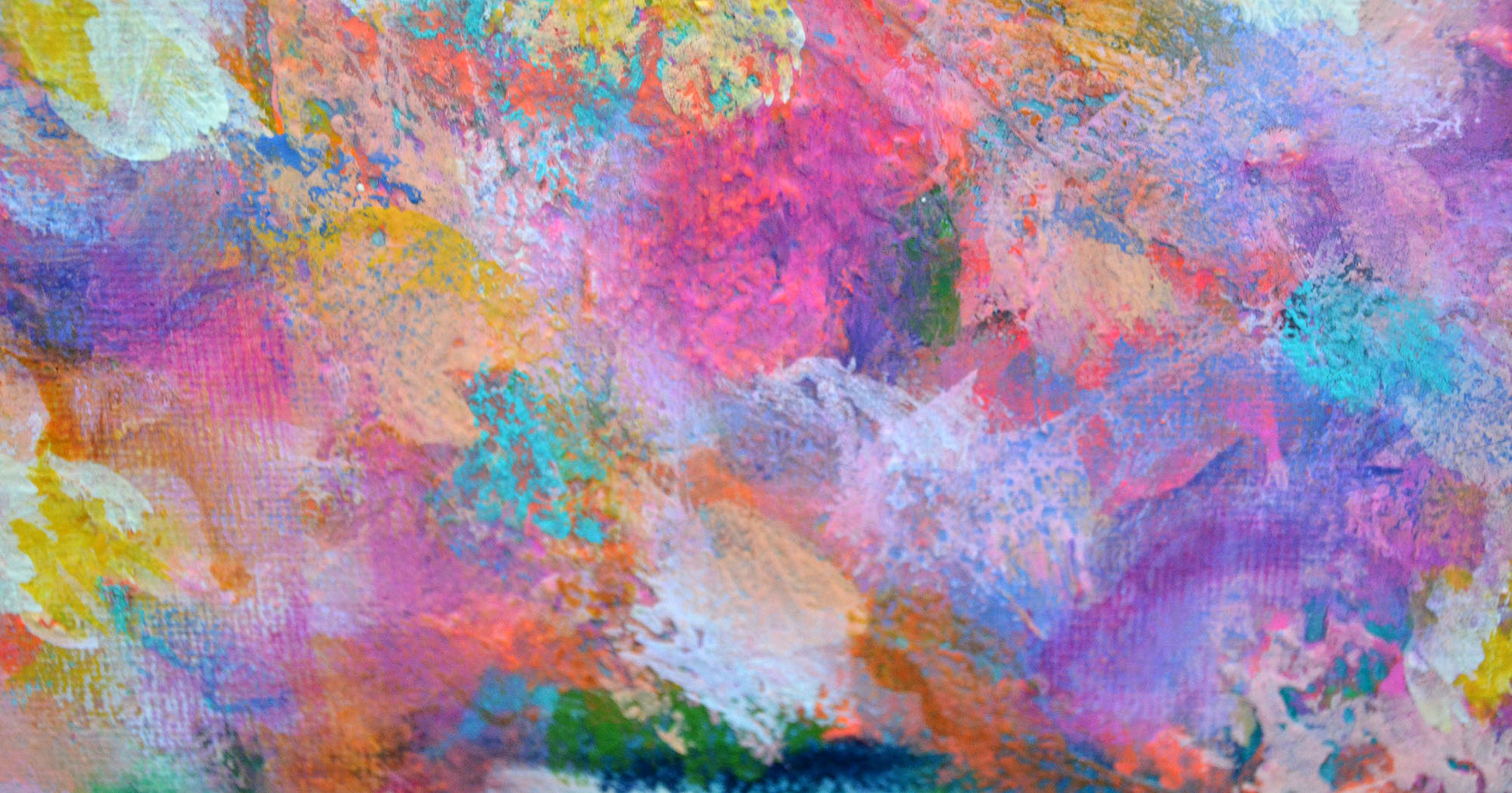 Abstract colorful painting with textured brushstrokes in pink, purple, blue, yellow, orange, and white.