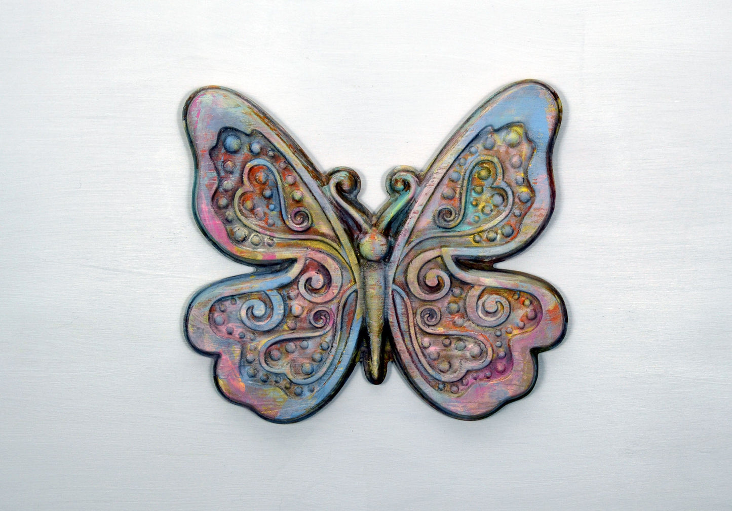 Butterfly hand painted 3d wood carving, wood wall art, swirl heart design pastel painted butterfly ready to hang