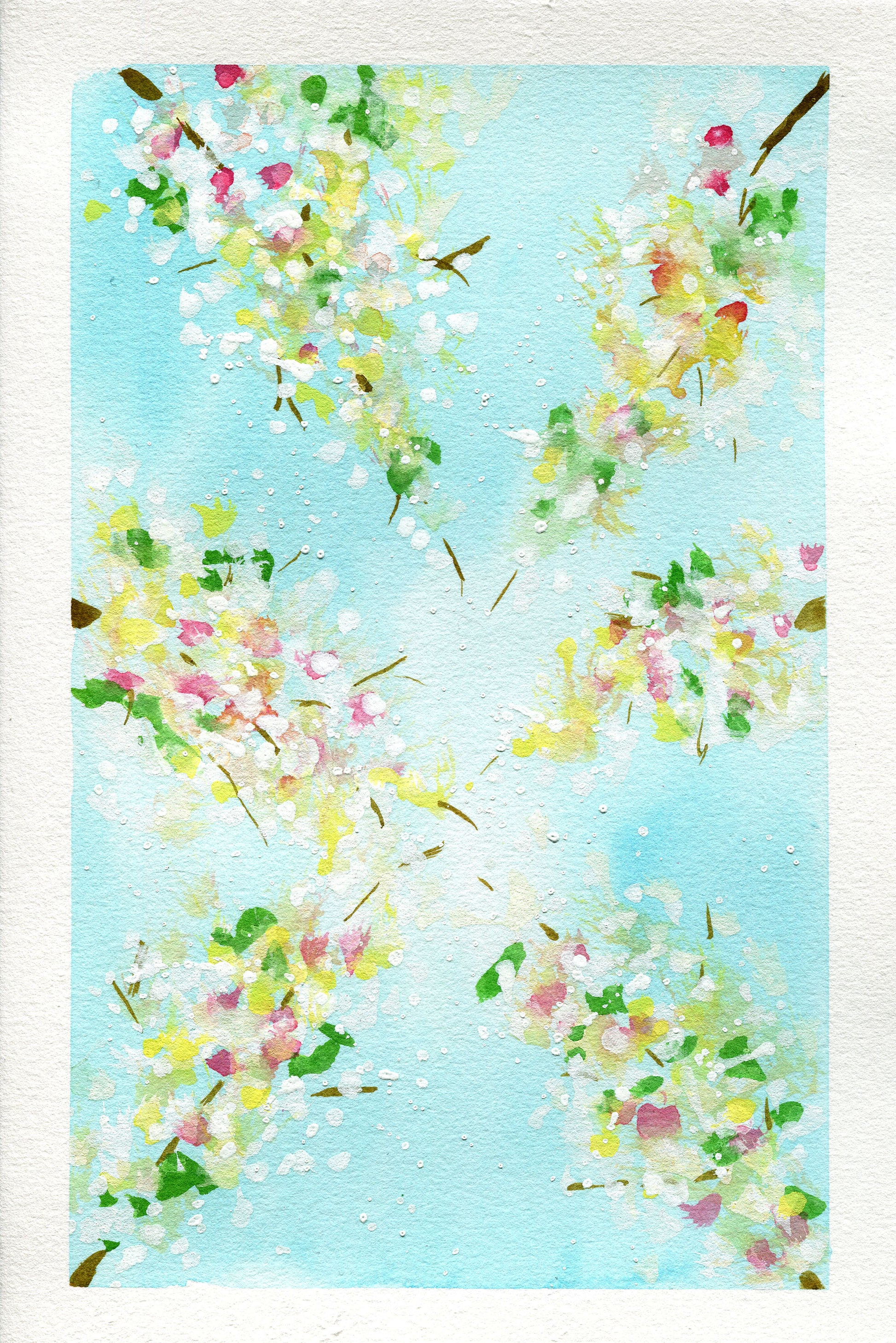 Floral pattern with cherry blossoms on a light blue background