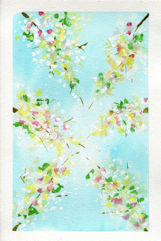 Floral pattern with cherry blossoms on a light blue background