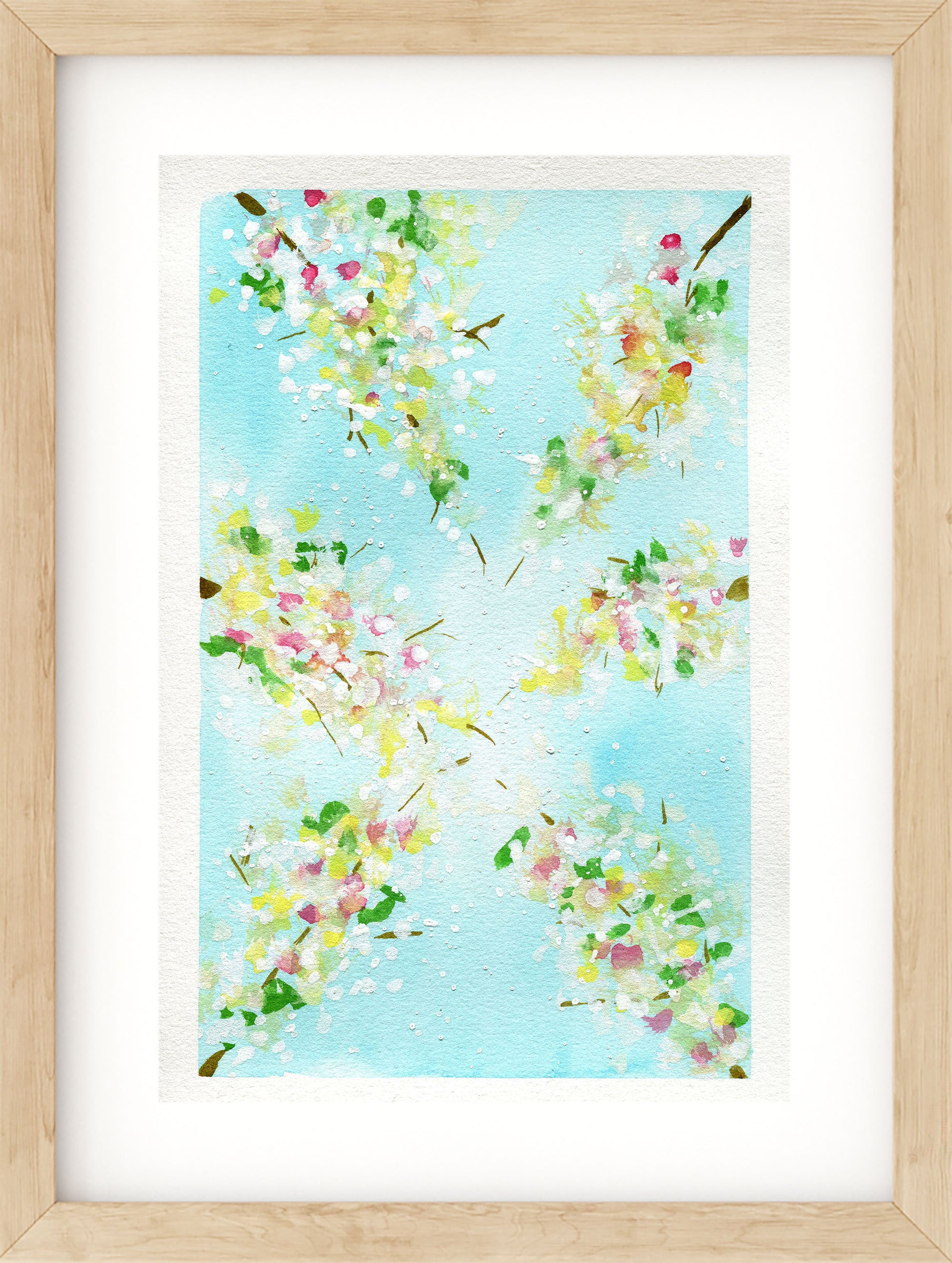 Framed artwork of floral design on a light blue background