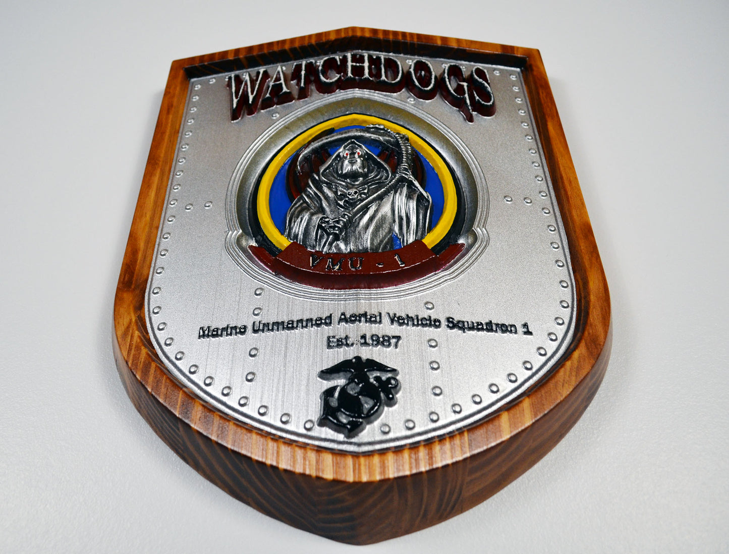 USMC VMU-1 Marine Unmanned Aerial Vehicle Squadron, Watchdogs Marine Corps, 3d wood carving military plaque, painted version