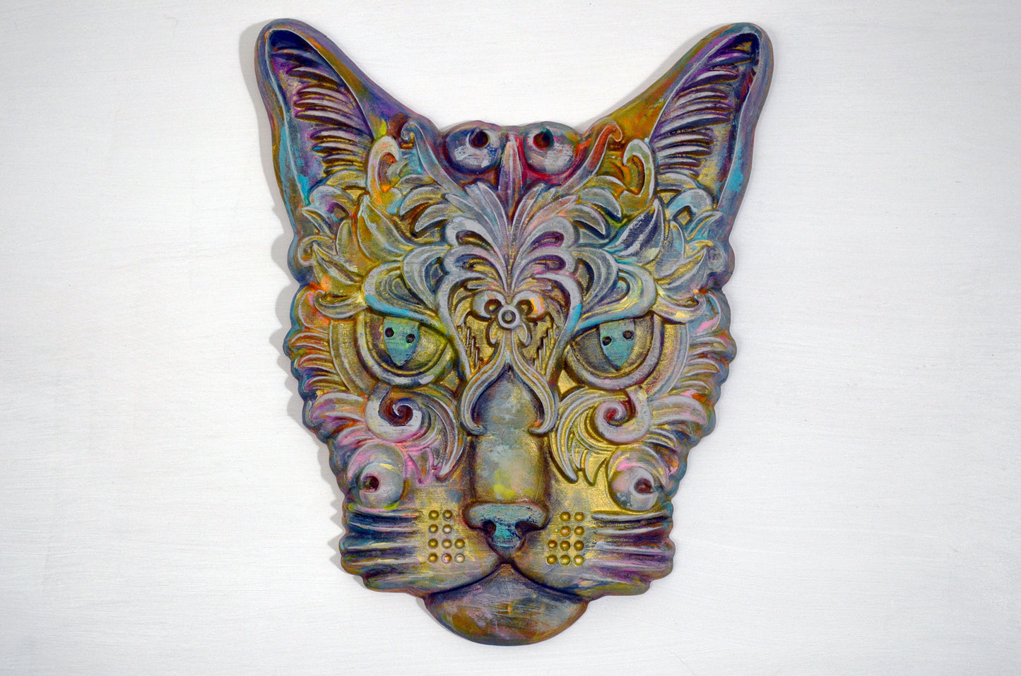 Cat hand painted 3d wood carving, wood wall art, ready to hang vibrant colorful cat decor