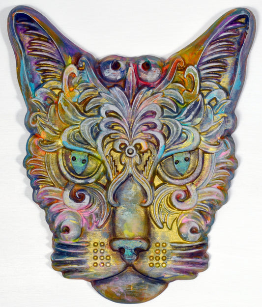 Cat hand painted 3d wood carving, wood wall art, ready to hang vibrant colorful cat decor