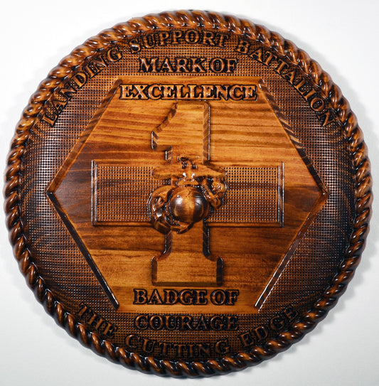 USMC 1st Landing Support Battalion, Red Patchers, 3d wood carving, military plaque - Carved Effects