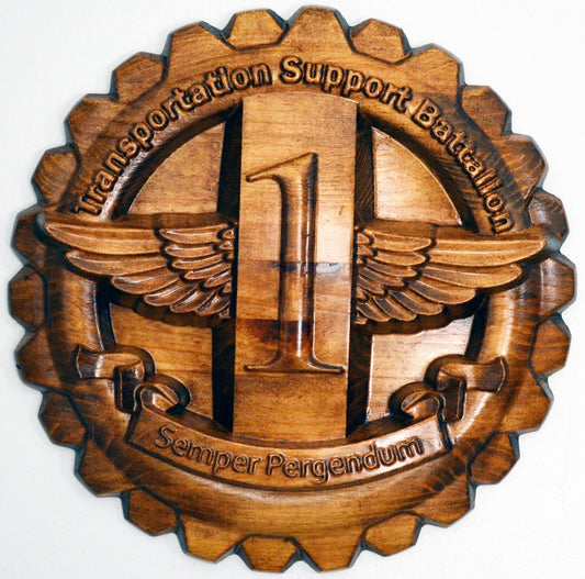 USMC 1st Transportation Support Battalion, 3d wood carving, military plaque - Carved Effects