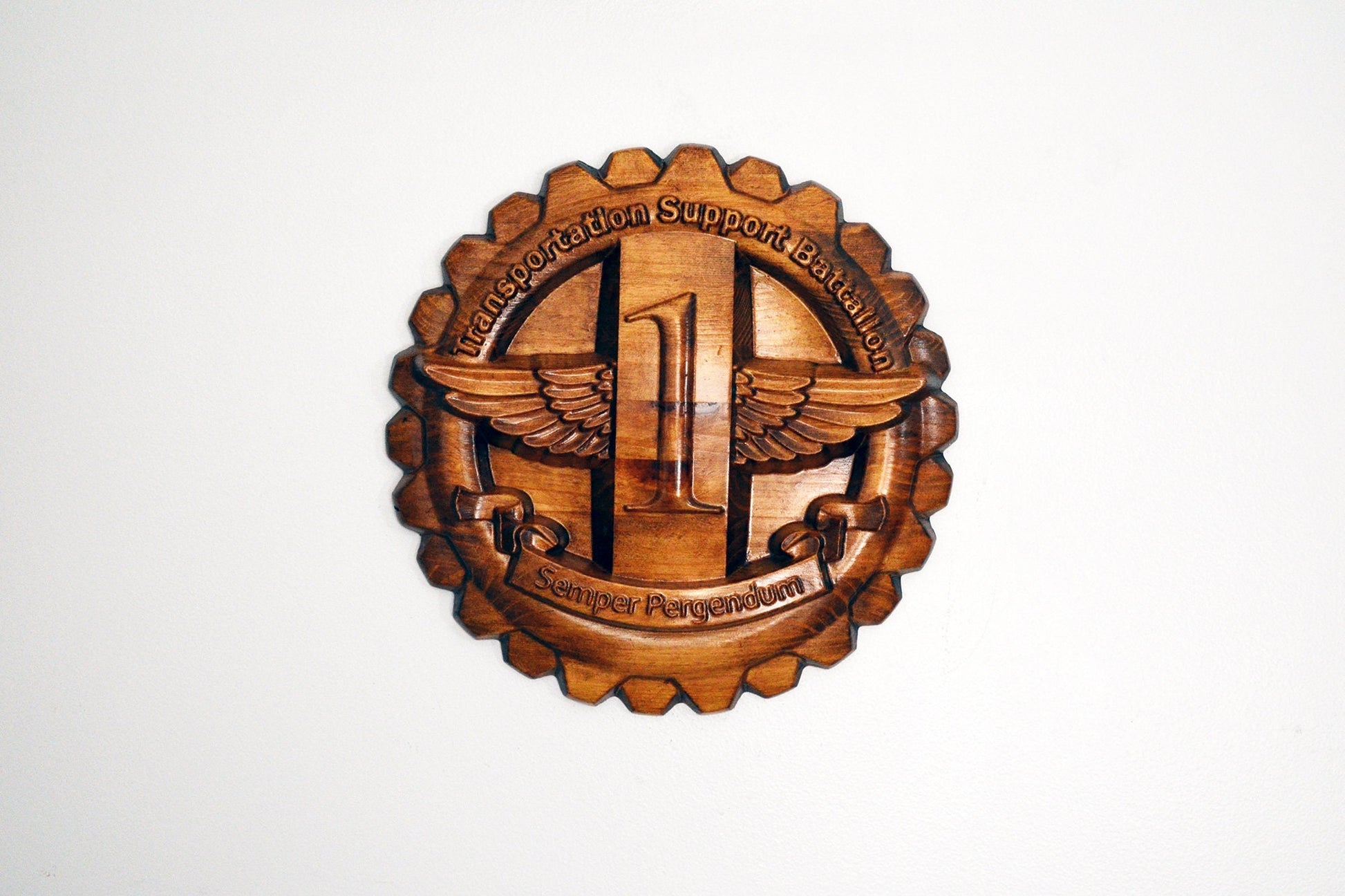 USMC 1st Transportation Support Battalion, 3d wood carving, military plaque - Carved Effects