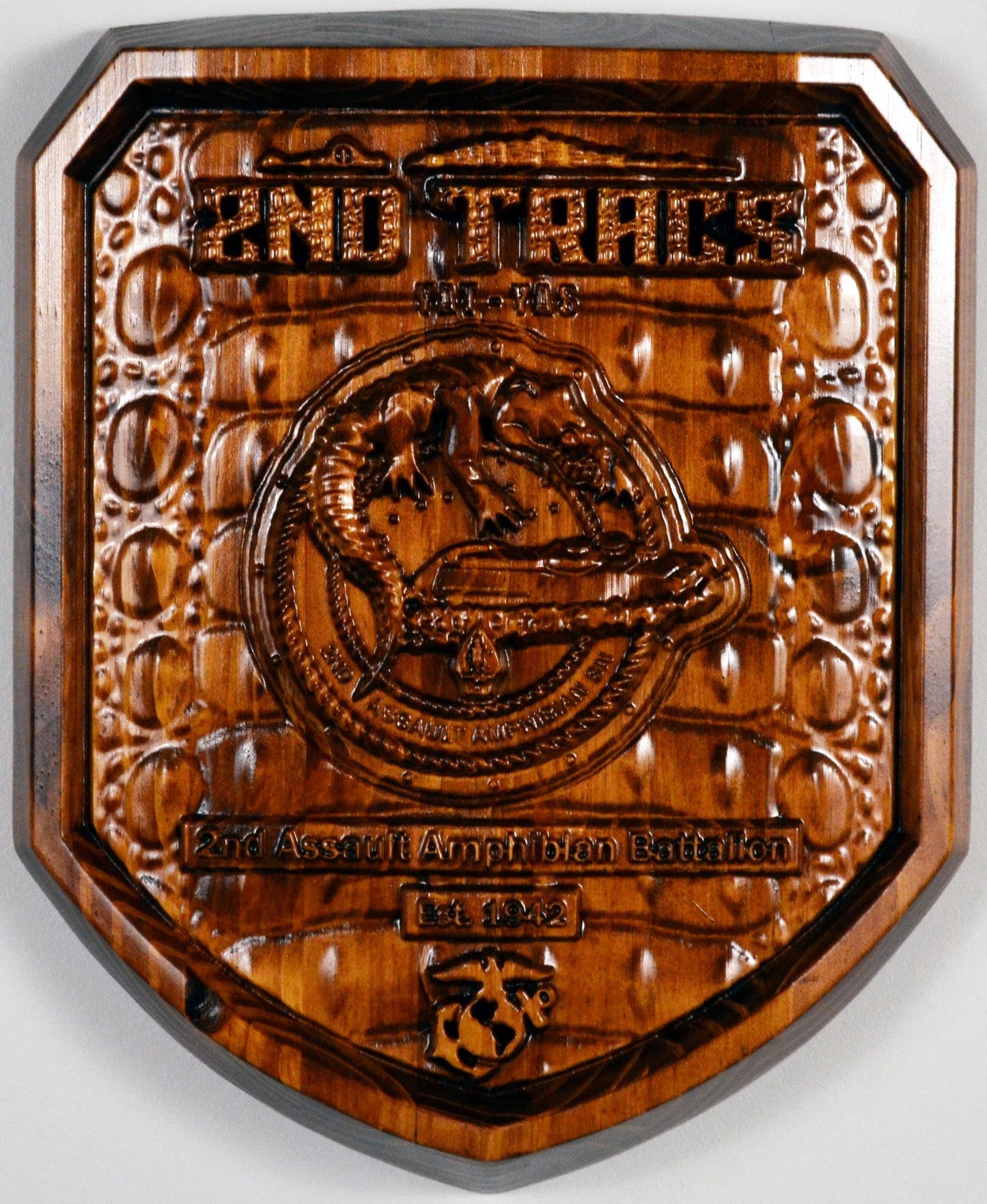 USMC 2nd Assault Amphibian Battalion, 2nd Tracs stained version, CNC 3d wood carving, military plaque - Carved Effects