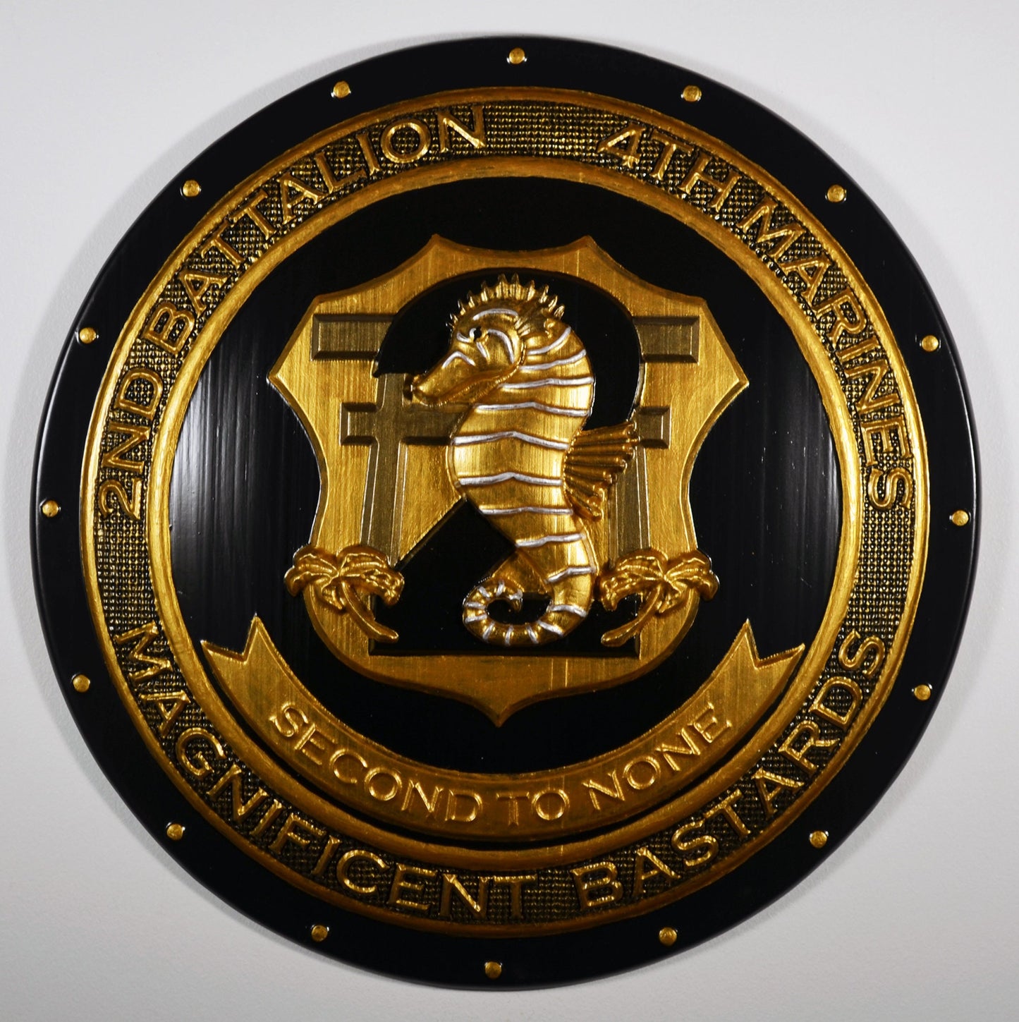 USMC 2nd Battalion, 4th Marines, Unit Emblem, US Marine Corps, Painted Gold Shield, military plaque - Carved Effects