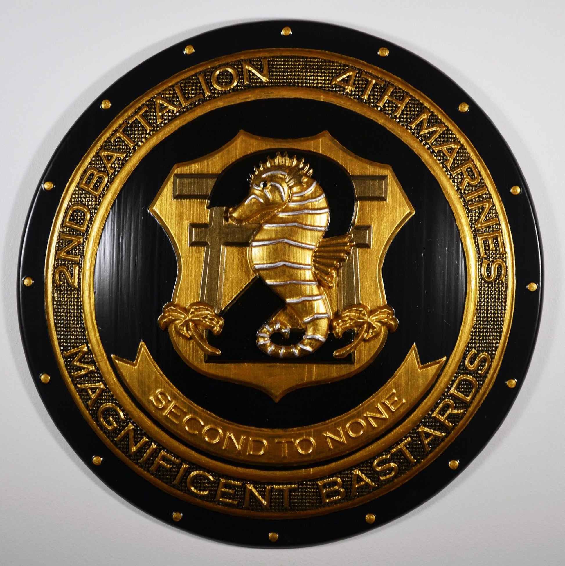 USMC 2nd Battalion, 4th Marines, Unit Emblem, US Marine Corps, Painted Gold Shield, military plaque - Carved Effects