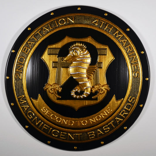 USMC 2nd Battalion, 4th Marines, Unit Emblem, US Marine Corps, Painted Gold Shield, military plaque - Carved Effects
