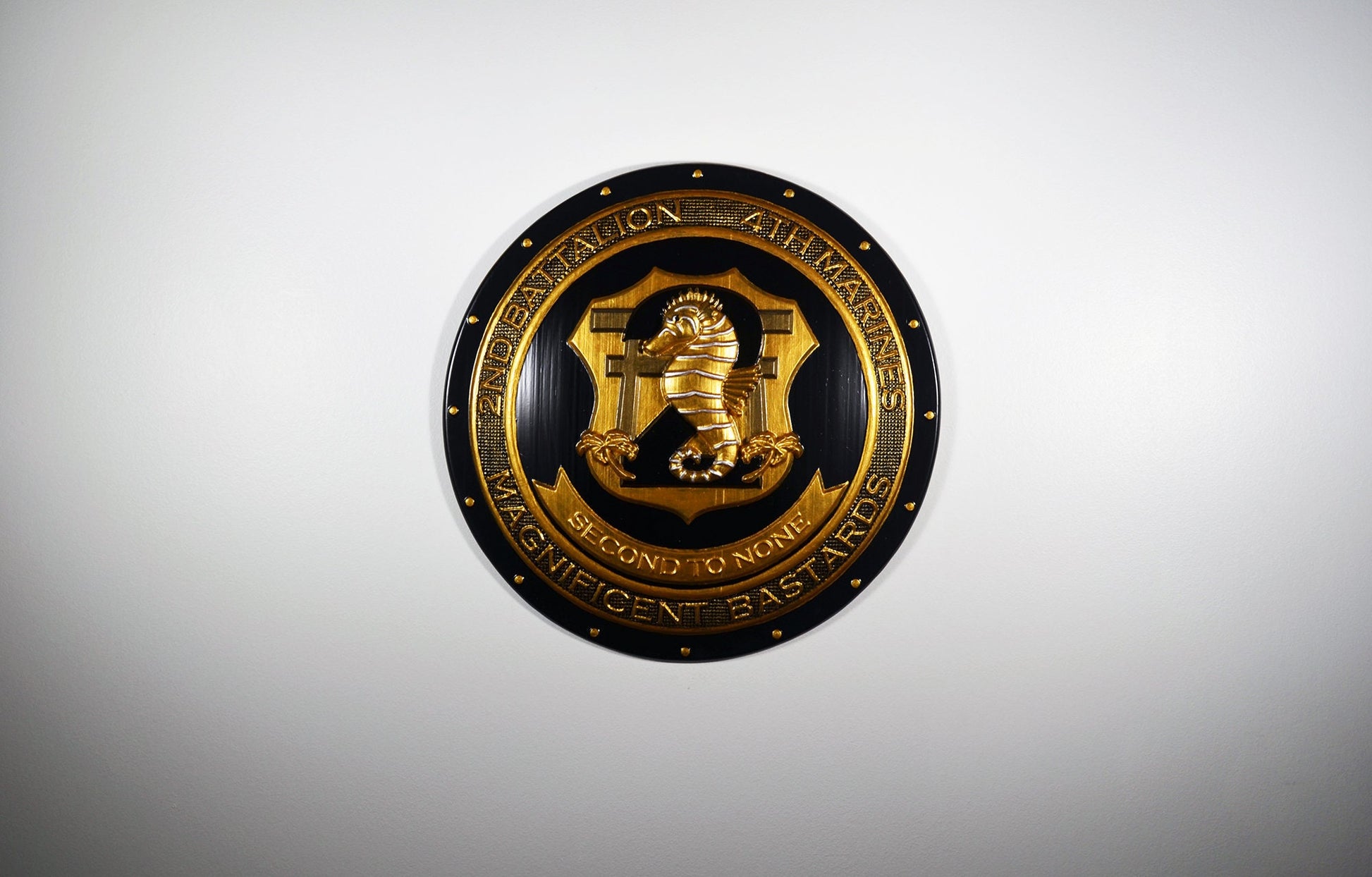 USMC 2nd Battalion, 4th Marines, Unit Emblem, US Marine Corps, Painted Gold Shield, military plaque - Carved Effects