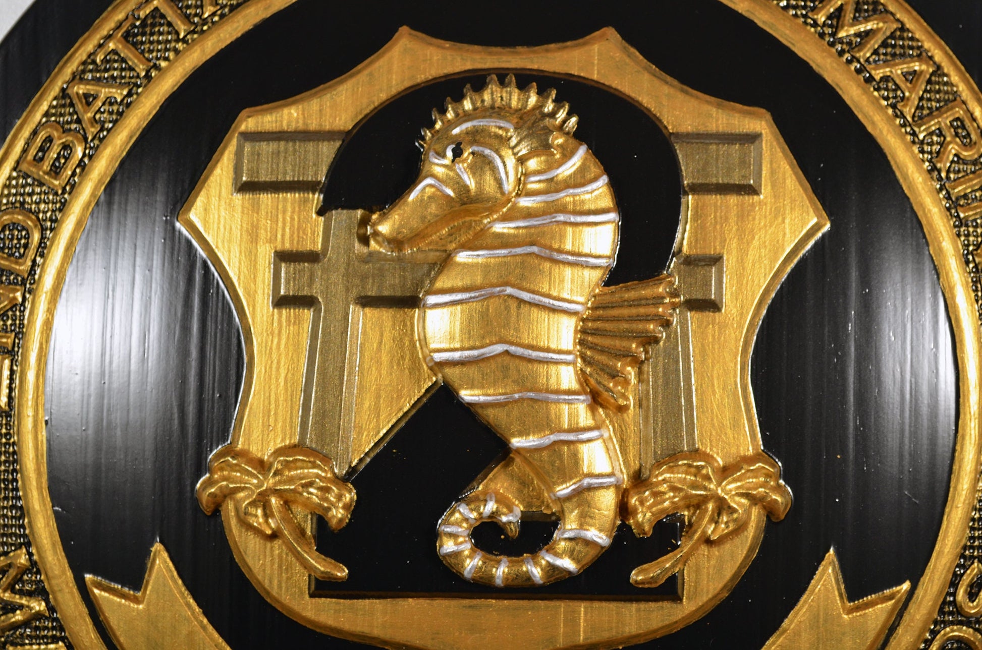 USMC 2nd Battalion, 4th Marines, Unit Emblem, US Marine Corps, Painted Gold Shield, military plaque - Carved Effects