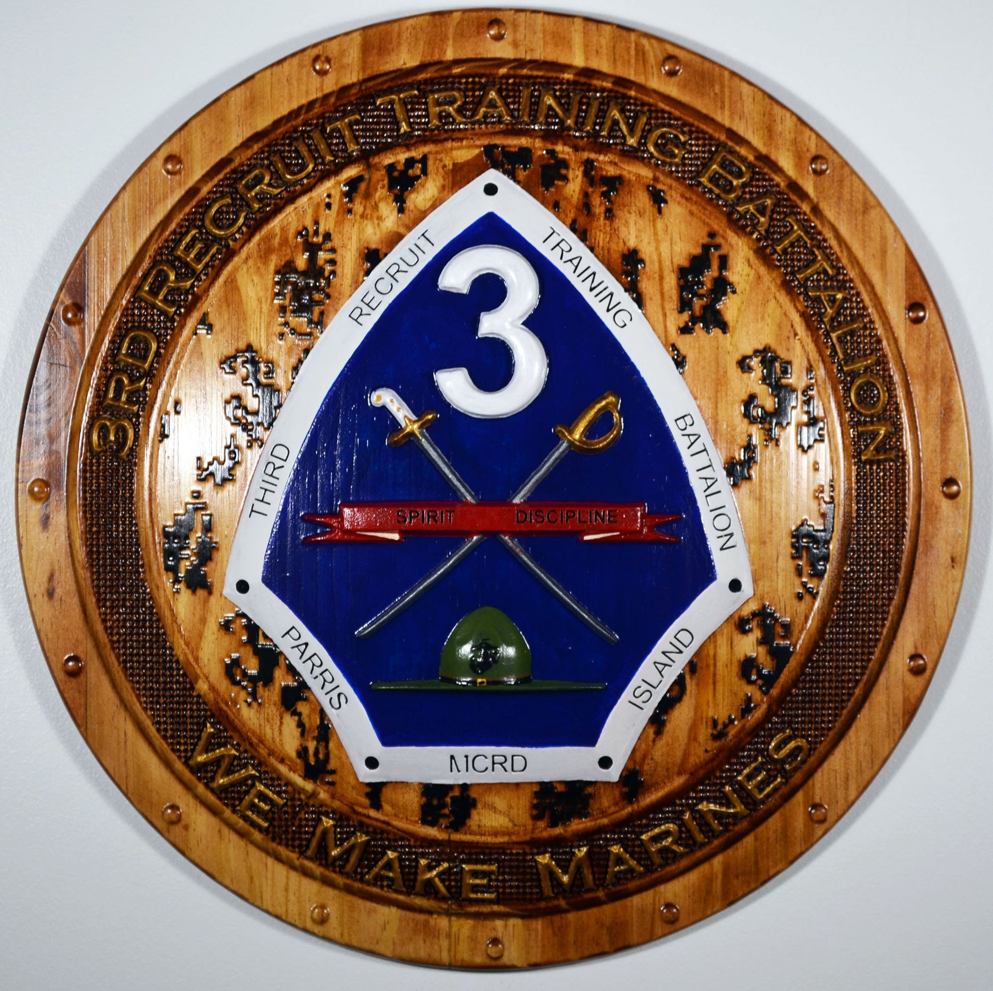 USMC 3rd Recruit Training Battalion, 3d wood CNC carving painted version, military plaque - Carved Effects