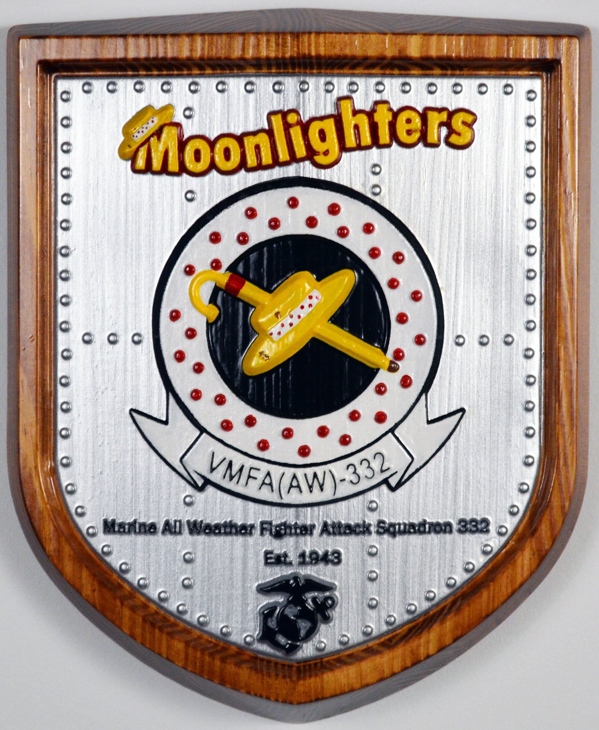 USMC All Weather Fighter Squadron VMFA-332, Moonlighters, CNC 3d wood carving, painted military plaque - Carved Effects