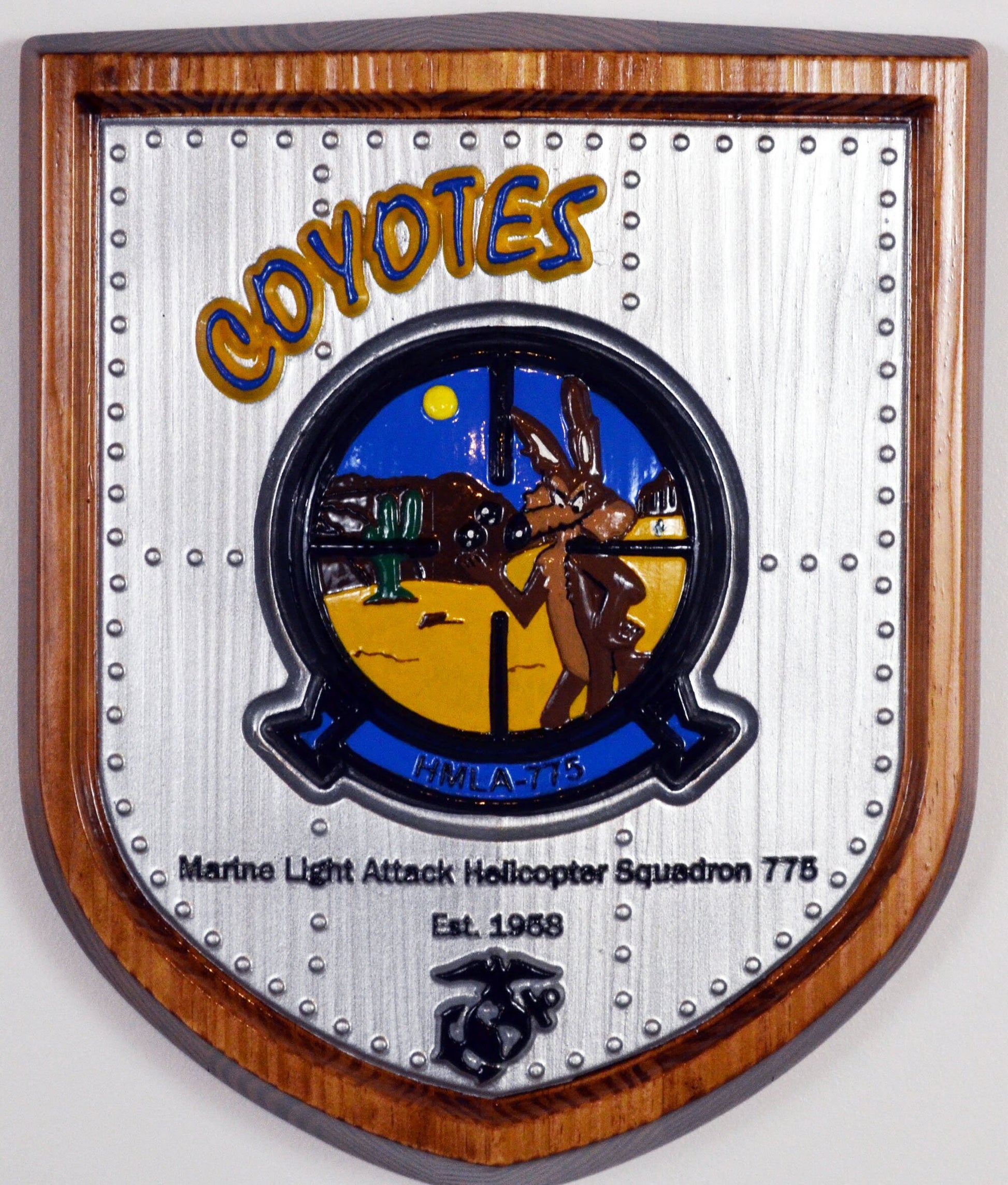 USMC Light Attack Helicopter Squadron, Coyotes, HMLA-775, CNC 3d wood carving, painted military plaque - Carved Effects