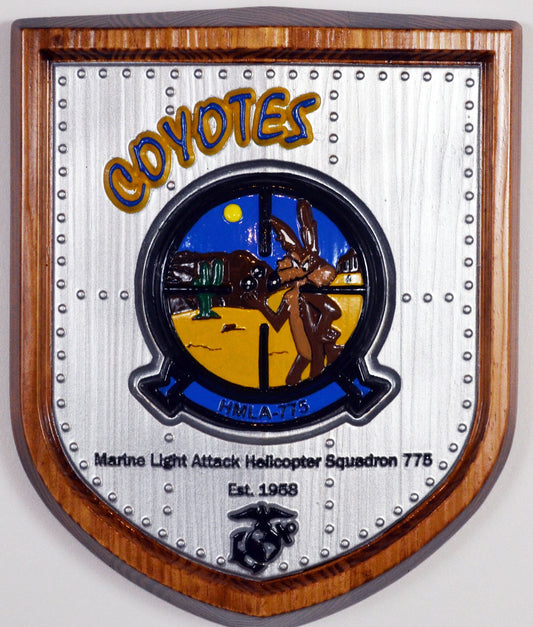 USMC Light Attack Helicopter Squadron, Coyotes, HMLA-775, CNC 3d wood carving, painted military plaque - Carved Effects