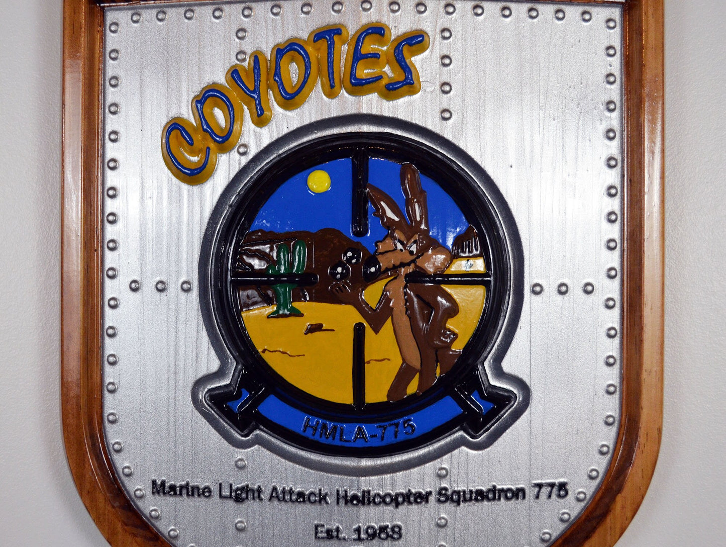 USMC Light Attack Helicopter Squadron, Coyotes, HMLA-775, CNC 3d wood carving, painted military plaque - Carved Effects