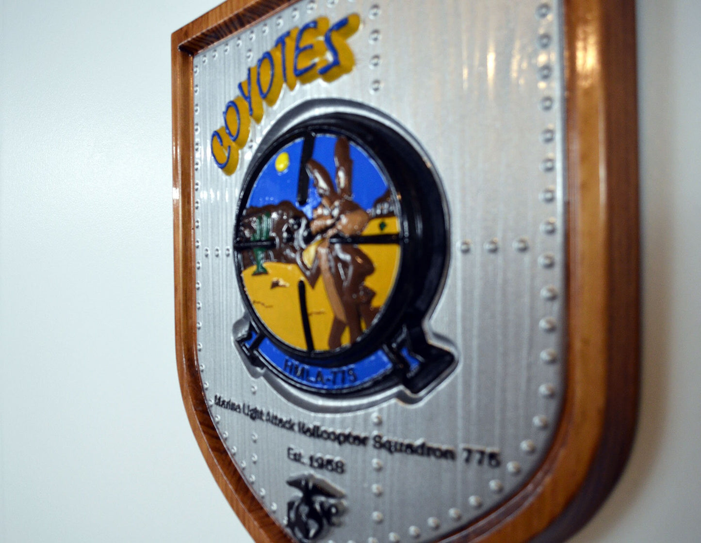 USMC Light Attack Helicopter Squadron, Coyotes, HMLA-775, CNC 3d wood carving, painted military plaque - Carved Effects