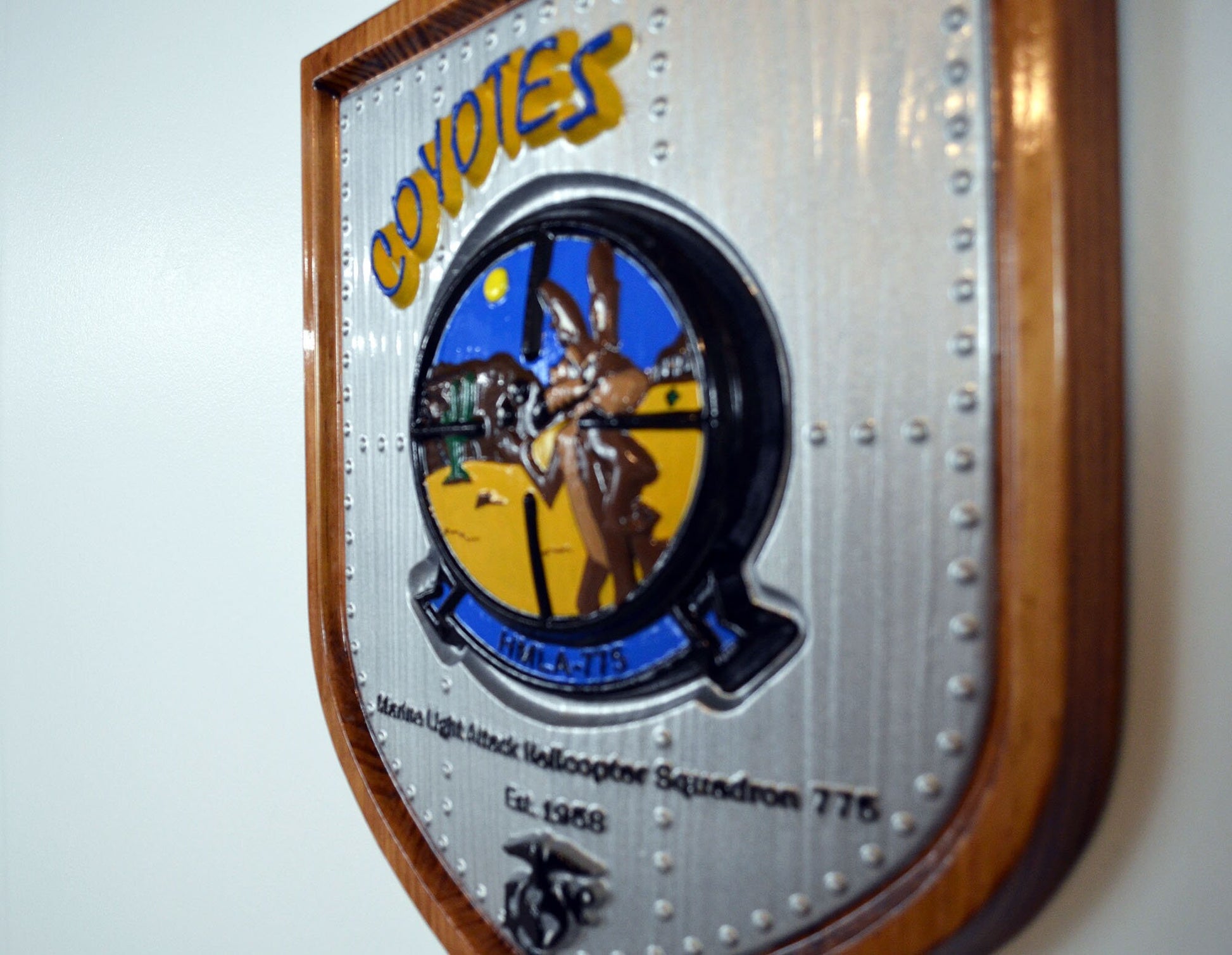 USMC Light Attack Helicopter Squadron, Coyotes, HMLA-775, CNC 3d wood carving, painted military plaque - Carved Effects