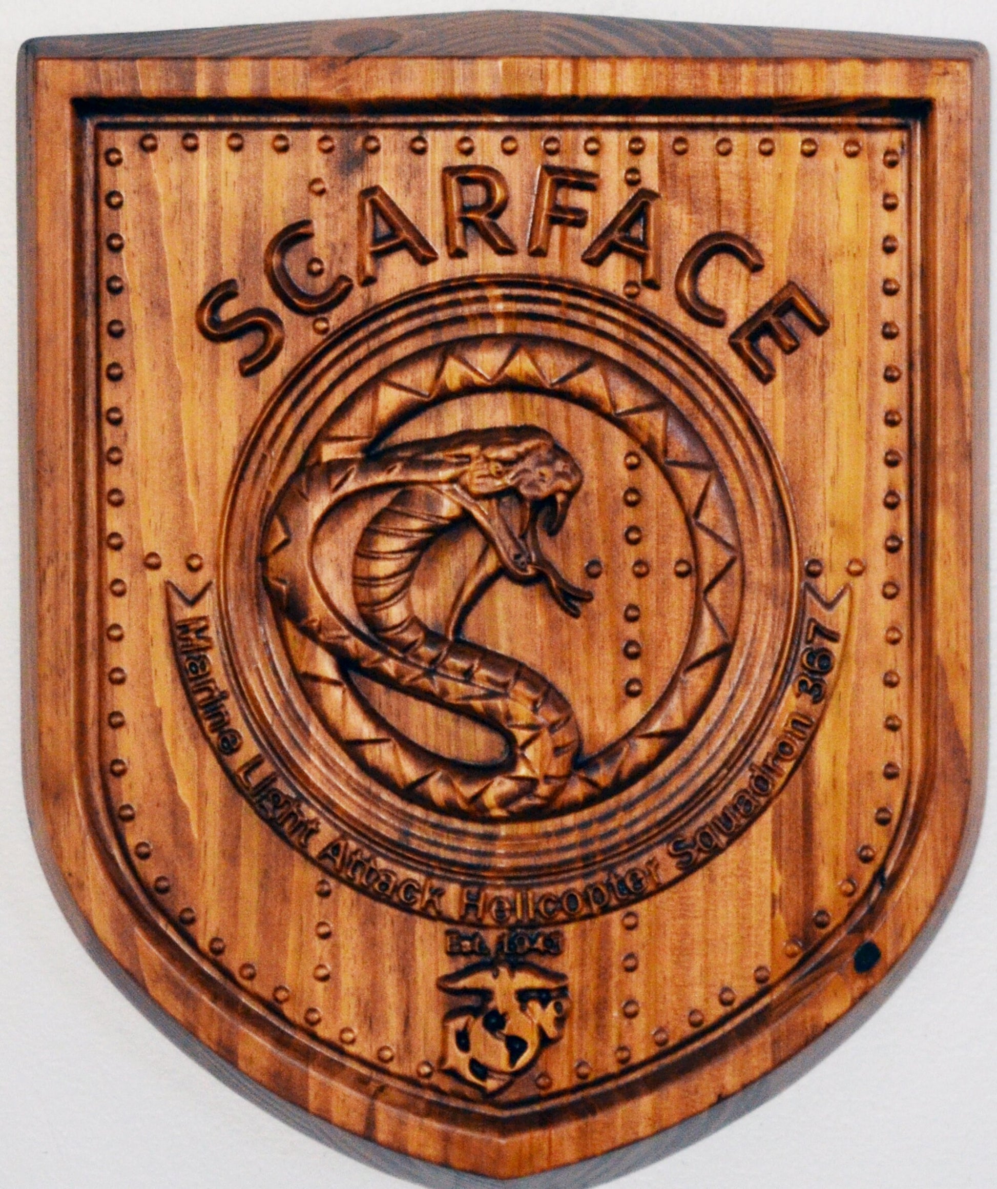 USMC Light Attack Helicopter Squadron, HMLA 367 Marine Corps Air Wing, 3d wood carving, military plaque - Carved Effects