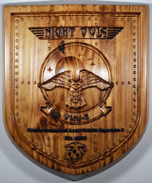 USMC Unmanned Aerial Vehicle Squadron 2, VMU-2, Night Owls, Marine Corps Air Wing, 3d wood carving, military plaque - Carved Effects