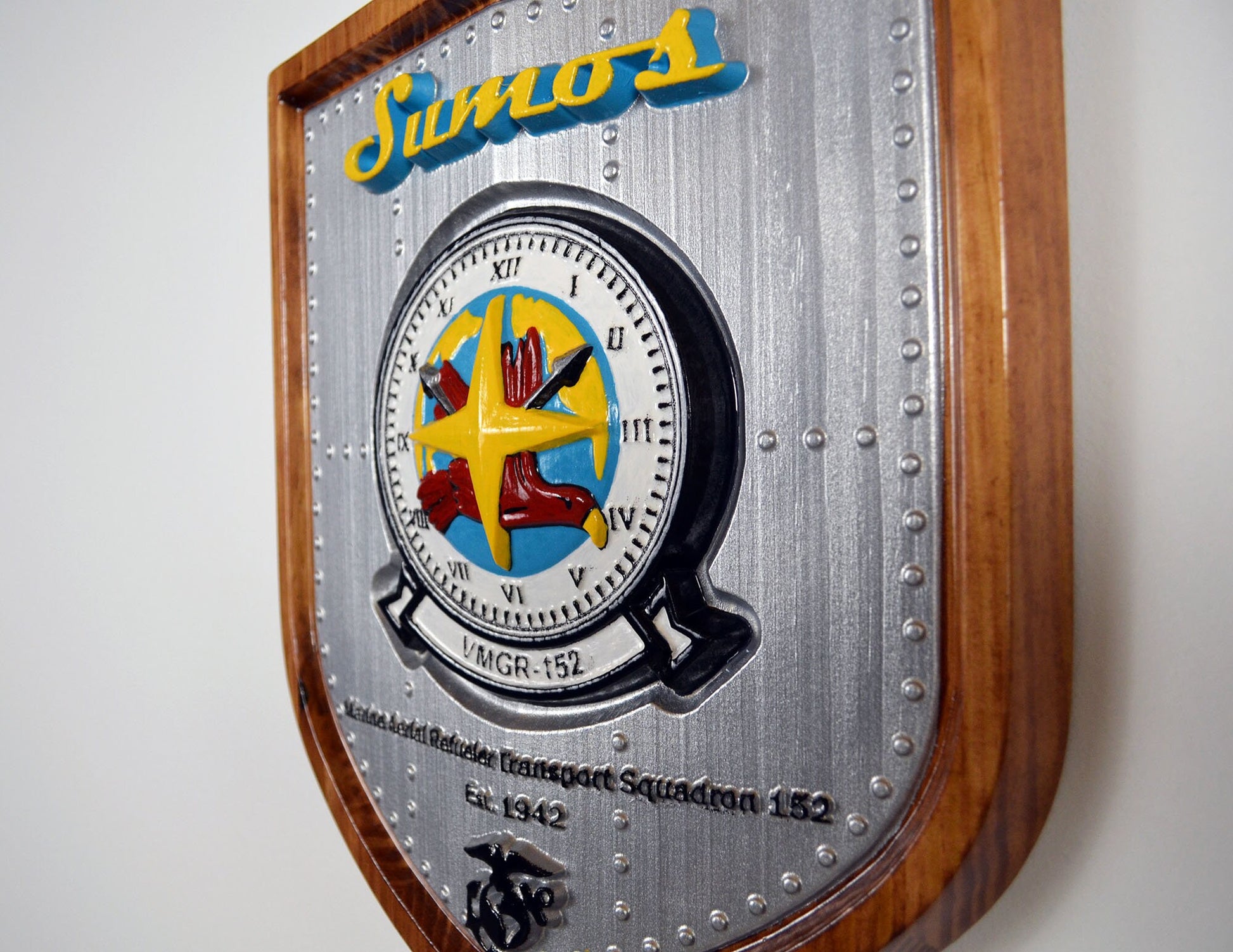 USMC VMGR-152 Marine Aerial Refueler Squadron, Sumos Marine Corps, 3d wood carving military plaque painted version - Carved Effects