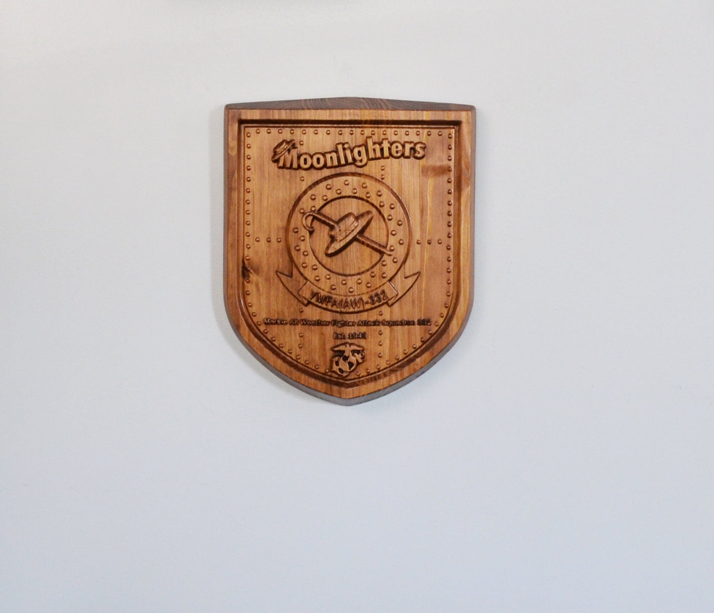 USMC All Weather Fighter Squadron VFMA-332, Moonlighters, CNC 3d wood carving, military plaque - Carved Effects