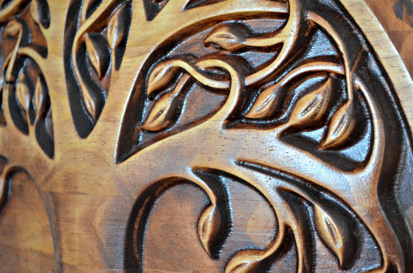 Tree of life 3d wood carving, yew tree wood carving, cnc router cut, brown mahogany stain