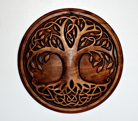 Tree of life 3d wood carving, yew tree wood carving, cnc router cut, brown mahogany stain