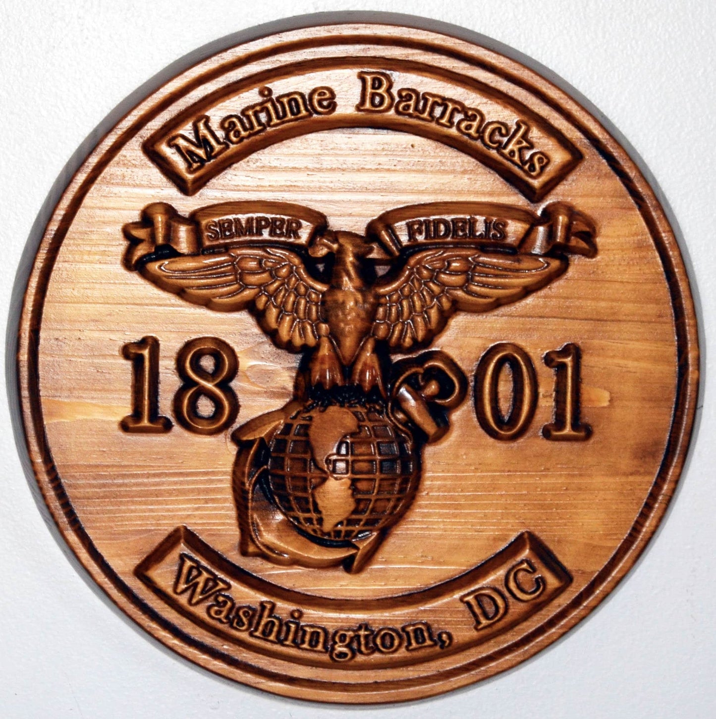 USMC Marine Barracks, 1801 Washington DC, stained 3d wood carving, military plaque