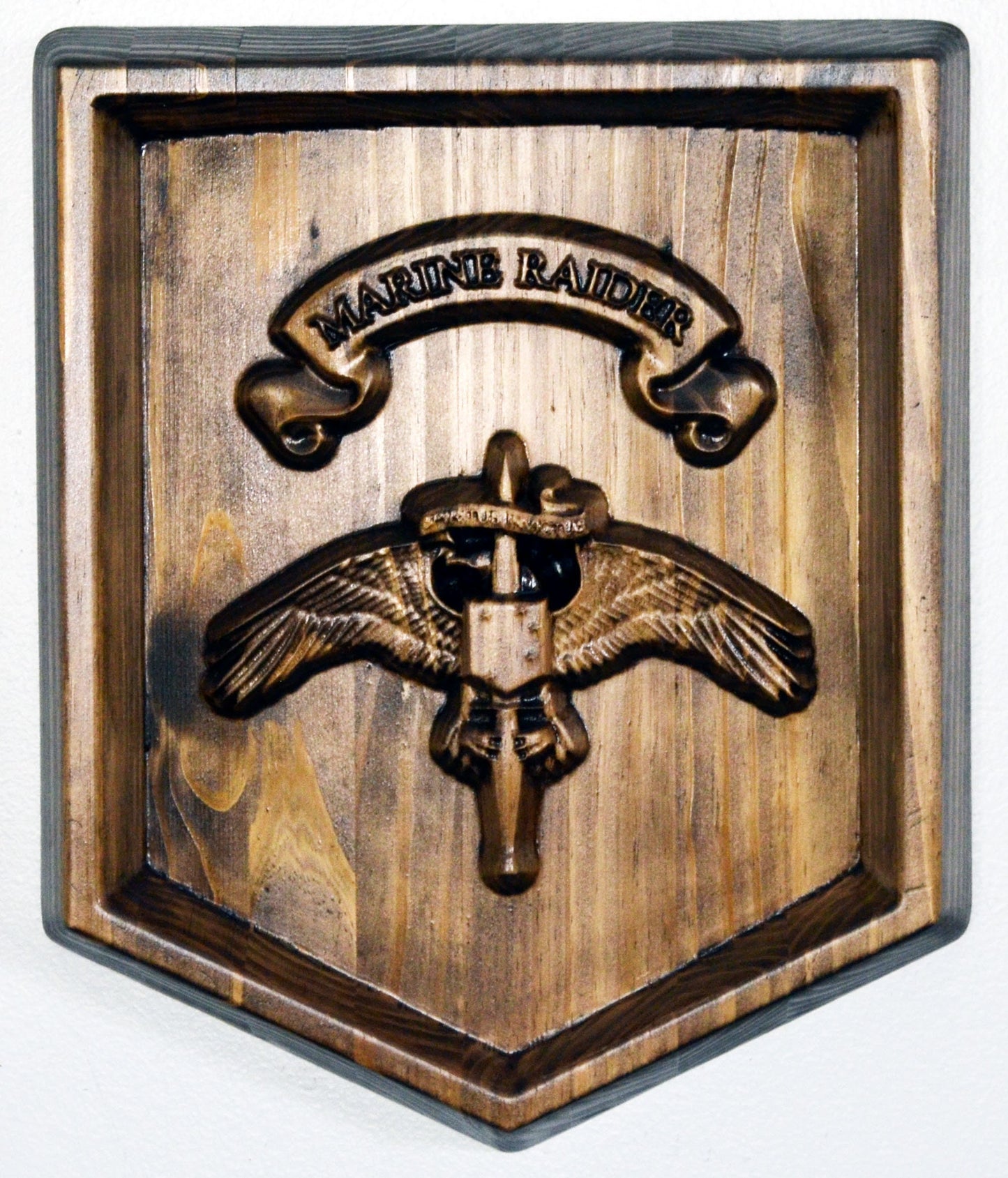 USMC Raider Dagger, Marine Special Operator Insignia, stained 3d wood carving, military plaque