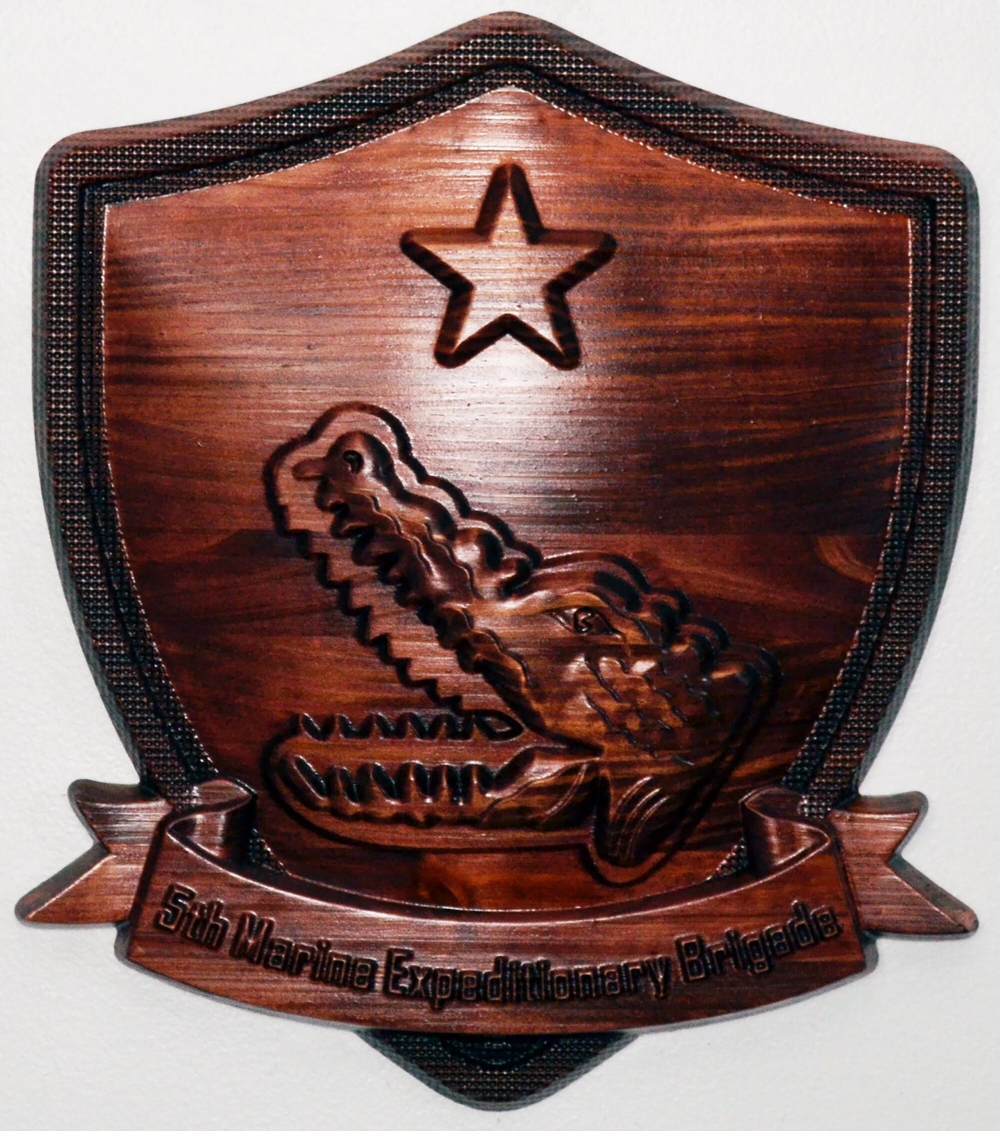 USMC 5th Marine Expeditionary Brigade, stained 3d wood carving, military plaque