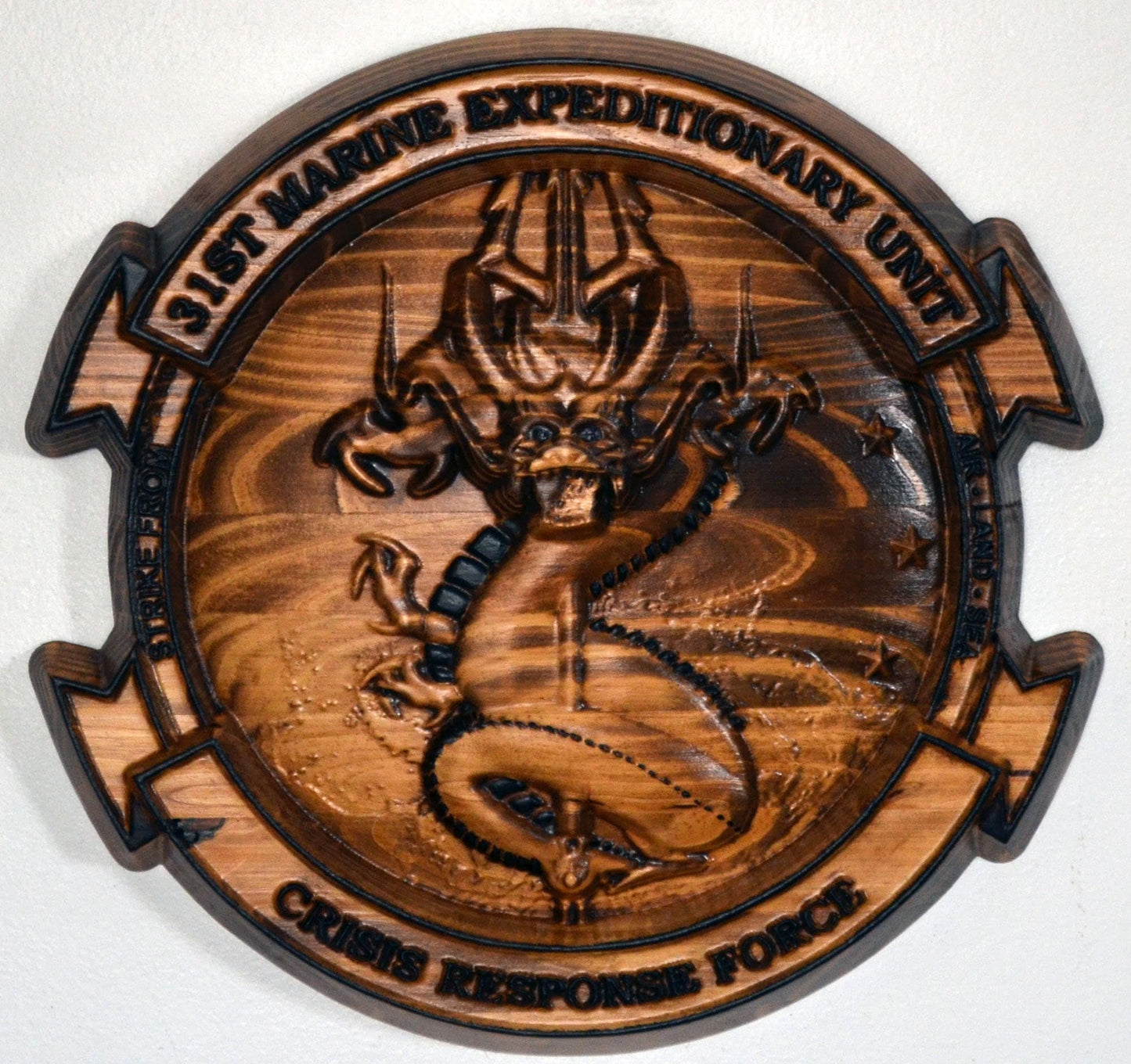 USMC 31st Marine Expeditionary Unit, stained 3d wood carving, military plaque