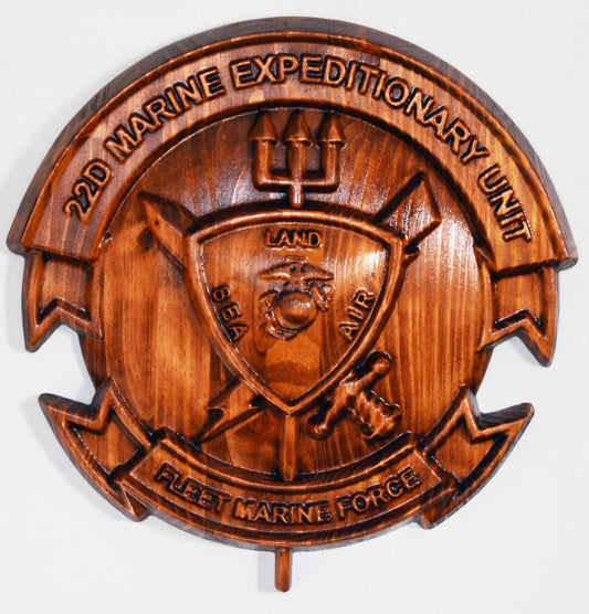 USMC 22nd Marine Expeditionary Unit, stained 3d wood carving, military plaque