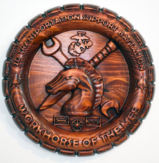 USMC 2nd Transportation Support Battalion, 3d wood carving, military plaque, US Marine Corps