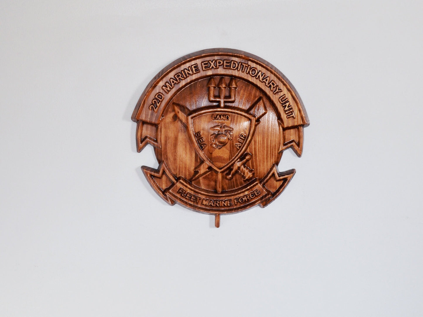 USMC 22nd Marine Expeditionary Unit, stained 3d wood carving, military plaque