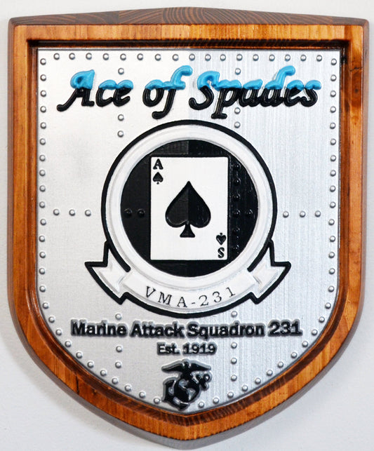 USMC Attack Squadron VMA-231, Ace of Spades, CNC 3d wood carving, painted military plaque