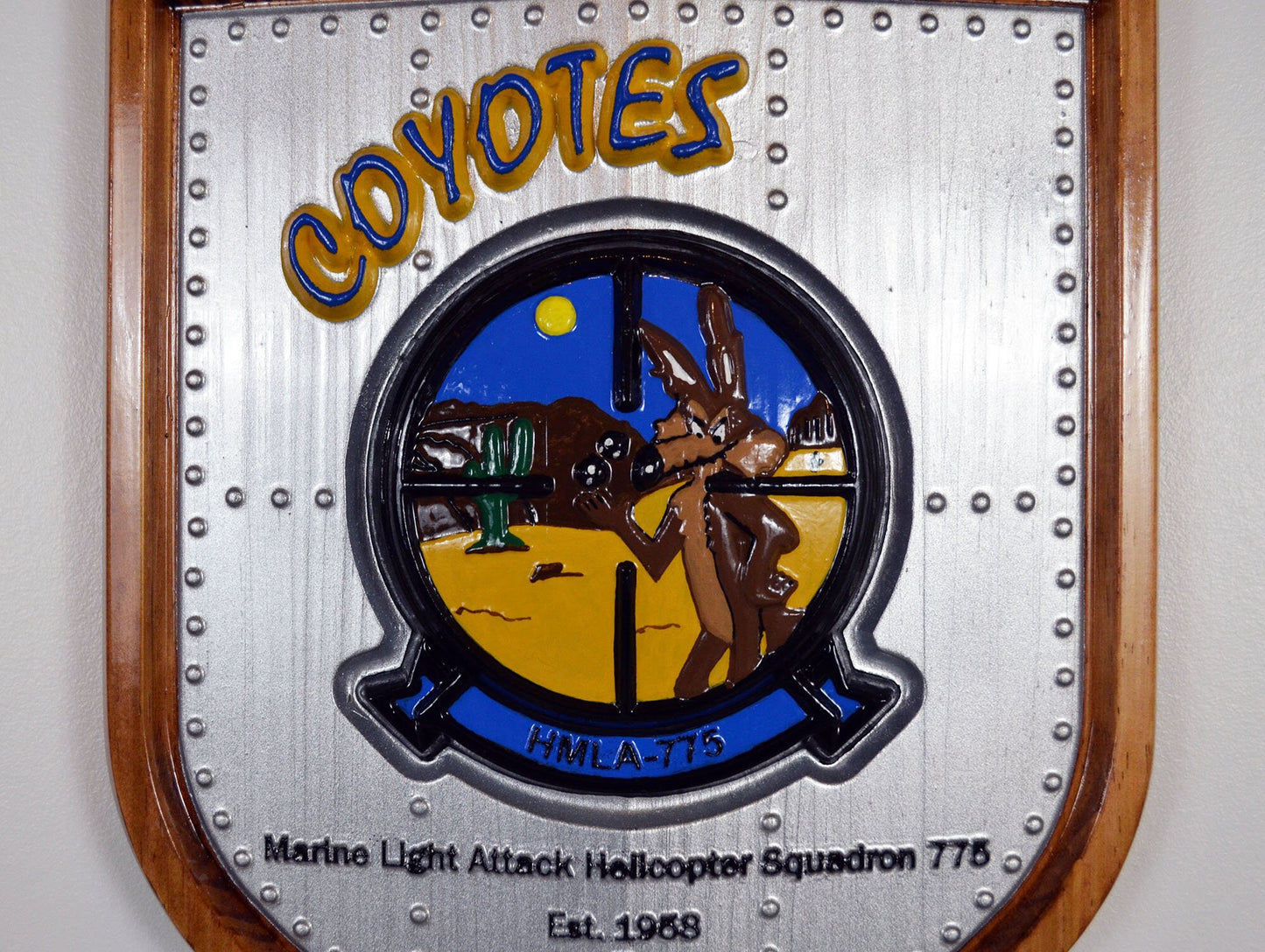 USMC Light Attack Helicopter Squadron, Coyotes, HMLA-775, CNC 3d wood carving, painted military plaque