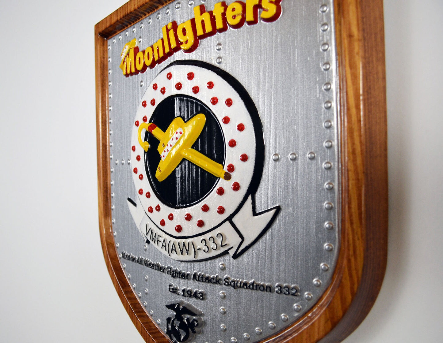 USMC All Weather Fighter Squadron VMFA-332, Moonlighters, CNC 3d wood carving, painted military plaque